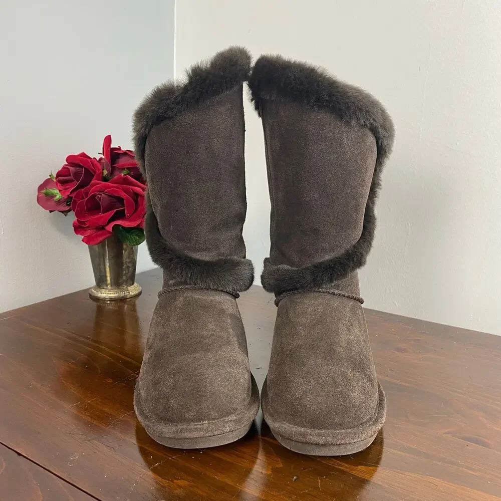 Bearpaw Sheilah Boots Brown Suede Faux Fur Trim Size 6 Women's Winter
